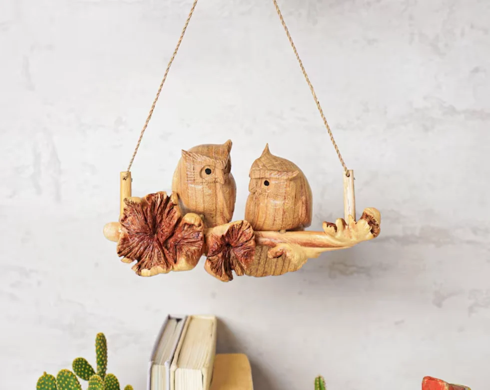 Hanging wooden owl, wood carving (1)