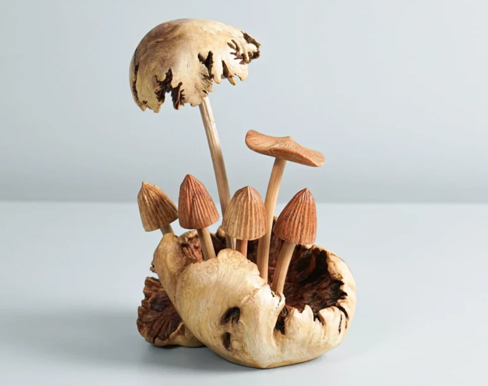 Wooden mystical mushroom figurine, forest art, personalized statue (1)